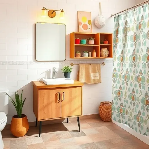 A photorealistic image of a modern, budget-friendly bathroom undergoing a DIY makeover. The scene features a sleek yet eclectic vanity with a reclaimed wood countertop, a simple ceramic sink, and a vintage-inspired mirror reflecting warm light. To the side, an open shelving unit displays colorful mismatched ceramic jars, potted succulents, and handmade woven baskets, adding personality. The floor is covered with inexpensive peel-and-stick patchwork tiles in muted earth tones, providing visual interest. A plastic shower curtain with playful geometric shapes adds a vibrant touch. Subtle details include shiny brass fixtures, DIY wall art made from repurposed materials, and a small plant in a tin can. The light-colored tiled wall in the background shows peeling paint, emphasizing affordability. The warm, pastel color palette features soft neutrals with accents of pastel blue, green, and cheerful yellow, creating a cozy, inviting atmosphere. Textures such as weathered wood, glossy tiles, matte ceramics, and soft fabrics enhance the scene’s realism, illustrating that a stylish, personalized bathroom upgrade is achievable on a limited budget.