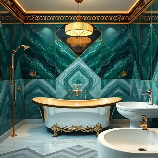 A luxurious vintage bathroom interior styled in elegant Art Deco design, featuring a gleaming ornate bathtub with chrome accents, streamline faucets, vintage-inspired showerheads with gold and silver finishes, and polished marble walls adorned with bold zigzag and chevron motifs in deep emerald green, midnight blue, and shimmering gold. Decorative trim with stylized floral and sunburst patterns add glamour, while a modern shiny sink with streamlined curves complements the scene. An overhead whimsical umbrella lamp casts warm, playful light, and stylized bubbles and waves are subtly integrated into the tile design, evoking water themes. The overall atmosphere blends vintage opulence with contemporary renewal, showcasing sleek lines, bold contrasts, and opulent detailing typical of Art Deco style, emphasizing themes of bathroom renovation, renovation, and bathroom transformation with a refined yet inviting aesthetic.