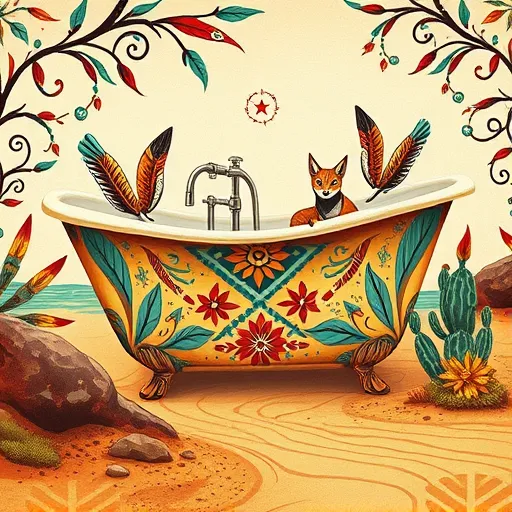 A vibrant blog cover image showcasing a beautifully remodeled vintage bathtub depicted in the intricate and colorful style of Native American art. The bathtub features ornate patterns inspired by traditional beadwork, geometric motifs, and cultural symbolism, blending modern comfort with artistic tradition. Surrounding the tub are detailed feathers, stylized floral designs, and swirling patterns that convey movement and harmony. The scene is set in a lush, nature-inspired environment, possibly a riverside or desert oasis, with flowing water, sandy textures, and natural elements enhancing the tranquil and renewal theme. Playful details include small animals like colorful quails and sleek foxes hiding among cacti and river rocks, along with whimsical spirals and stars woven into the patterns, adding a touch of storytelling charm. The palette includes earthy terracotta, turquoise, deep reds, and golden yellows, creating a warm yet peaceful atmosphere. Overall, the composition emphasizes craftsmanship, cultural richness, and creative transformation, celebrating bathtub remodels through a culturally inspired and lively artistic lens.