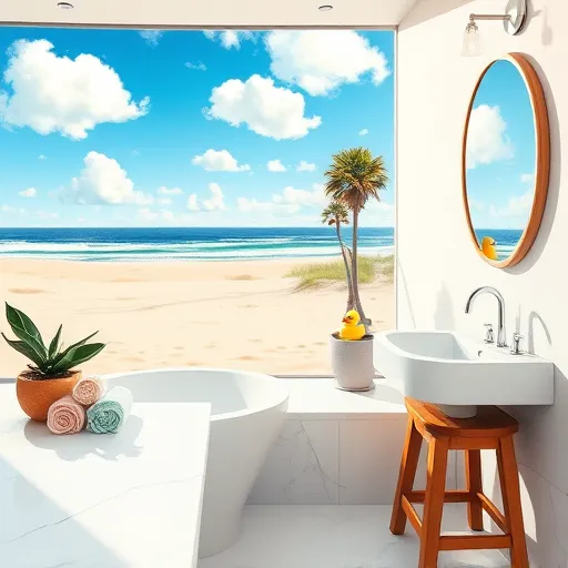 An impressionist-style scene of a beautifully remodeled Oceanside, California bathroom featuring a scenic ocean view. Soft golden sunlight streams through a large window, illuminating the space with warm, natural light. The bathroom showcases sleek modern fixtures, including white marble countertops, a deep soaking tub with decorative swirl-patterned tiles, and a rustic wooden stool draped with pastel-colored towels. A whimsical potted succulent with oversized leaves and a vintage mirror reflecting the light add charming touches, while playful details like a tiny seashell arrangement on the sink and a colorful rubber duck enhance the cheerful, coastal atmosphere. The background displays sandy beaches and a vivid blue sky with fluffy clouds painted with textured, loose brushstrokes, emphasizing relaxation and coastal living. The color palette includes ocean blues, crisp whites, sandy beiges, and soft pastels, creating an inviting, lively space ideal for a blog about top-rated bathroom remodels in Oceanside, CA.