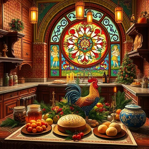 A richly detailed scene of a Christmas kitchen depicted in Byzantine art style, featuring a grand, ornate space with mosaic-like tiled walls in gold, deep reds, and cool blues. Central to the image are elaborately decorated tables filled with festive treats such as fruitcakes, colorful preserves, candied citrus, and honey, all gleaming like holy relics. A large wooden countertop, resembling a Byzantine iconostasis, is adorned with intricate gold accents, evergreen sprigs, shimmering ribbons, and tiny angel figures. Elegant hanging lamps emit a warm, golden glow, enhancing the serene and joyful atmosphere. Quirky details include a mosaic rooster atop a jar of preserves, Byzantine-style cherubs holding holly, and a carved bread loaf featuring a miniature nativity scene. In the background, a grand arched stained-glass window depicts stars, holly, and angels, casting colorful light into the scene. Ornamented with Byzantine icons and scrollwork, along with a mosaic bread basket and stylized candles, the space exudes sacred celebration. The color palette emphasizes golds, reds, blues, and greens, conveying reverent joy and holiday warmth in a divine yet cozy Christmas kitchen setting.