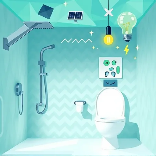 A vibrant geometric abstraction illustration depicting energy-efficient bathroom solutions. The image features stylized bathroom fixtures, including an angular showerhead, a modern faucet with geometric facets, and a minimalist toilet, all crafted from overlapping triangles, rectangles, and circles. Surrounding these elements are abstract water flow patterns with flowing curves transformed into zigzags and embedded energy symbols like lightning bolts, symbolizing sustainability and power efficiency. The background consists of overlapping polygons in teal, light aqua, and soft grey shades, creating a clean, calming environment that reflects water and hygiene themes while highlighting modern technology. Playful details include tiny solar panels on the ceiling, stylized air vents resembling faces, and a transparent geometric light bulb floating like a star, representing energy-saving innovations. The overall composition exudes a fresh, optimistic tone, inspiring eco-conscious upgrades through crisp geometric textures, a balanced palette of cool blues, vibrant greens, and subtle whites, and subtle humorous touches like a small, winked faucet, making it ideal for a blog cover on innovative, eco-friendly bathroom solutions.