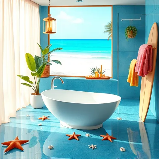A vibrant digital artwork illustrating a modern summer-ready bathroom. The space features glossy ocean-blue tiles that evoke a seaside retreat, with warm sunlight streaming through large sheer curtains. An elegant seashell-shaped freestanding soaking tub rests on a terrazzo floor decorated with small starfish and seashell accents. Nearby, a bamboo ladder rack displays plush towels in bright tropical colors like coral pink, yellow, and turquoise. A curved glass shower enclosure filled with shimmering water droplets suggests refreshing summer showers. Lush monstera and trailing ivy plants cascade from hanging baskets, adding jungle-like greenery. Soft, beach-inspired lighting fixtures resembling lanterns illuminate the space, while decorative details include a floating tray with citrus-scented candles and a vintage surfboard leaning against the wall. Large windows reveal a scenic coastal landscape with turquoise ocean, white sandy beaches, and swaying palm trees, emphasizing the summer theme. The overall mood is calm, cheerful, and rejuvenating, inspiring viewers to transform their bathrooms into lively summer retreats. The digital art uses vibrant, soothing colors—blues, greens, and bright accents—to create a lively yet relaxing tropical atmosphere.