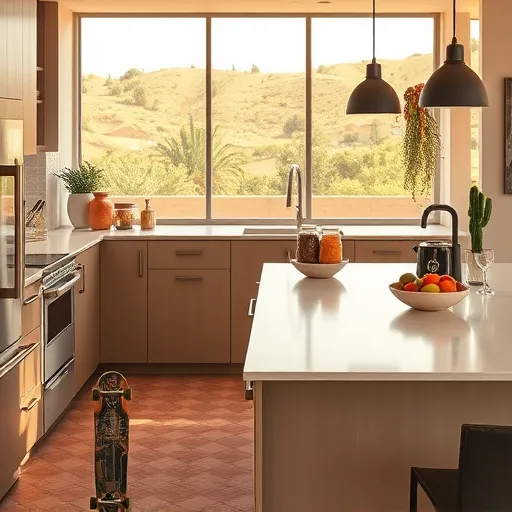 A modern San Marcos, California kitchen designed in the SocialRealism style, featuring sleek, contemporary cabinetry with matte finish in muted earth tones, energy-efficient appliances, and a spacious island with a polished quartz surface reflecting warm lighting. The scene highlights regional influences with patterned terracotta floor tiles, potted succulents, and a background view of lush greenery and rolling hills bathed in golden California sunlight through large windows. Decorative details include a ceramic cactus, vintage retro toaster, a bowl of colorful local fruit, a hanging herbal bundle with a ribbon, quirky kitchen gadgets, and an open shelf with artisanal jars and potted succulents. A skateboard leaning against a chair adds a youthful touch, while a funky retro clock and playful accents contribute to a welcoming, lively atmosphere blending professional efficiency with relaxed charm.