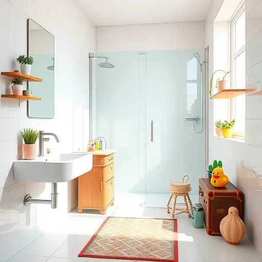 A vibrant, photorealistic image of an inviting bathroom ready for transformation, featuring modern yet affordable fixtures. The scene includes a sleek white porcelain sink with a brushed nickel faucet, a spacious glass shower with shimmering pastel-colored tiles, and a stylish budget-friendly vanity decorated with small potted plants and colorful ceramic accessories. Bright natural light filters through a large frosted window, reflecting off glossy light-colored tiles covering the floor and walls. Quirky details such as a smiling animal-shaped soap dispenser, a vintage suitcase repurposed as storage, and a geometric-patterned rug add personality without overwhelming the space. Shelves hold cheerful bathroom essentials and whimsical decorative objects, highlighting affordability and creativity. Playful touches like a cartoonish rubber duck or tiny colorful cactus enhance the fun, budget-friendly vibe. The color palette features soft whites, fresh greens, pastel pinks and blues, and warm wood tones, creating a sense of freshness, calmness, and modern simplicity. The balanced composition combines realism with quirky details, resulting in an inviting, professional yet playful image ideal for a blog cover on affordable bathroom remodels.