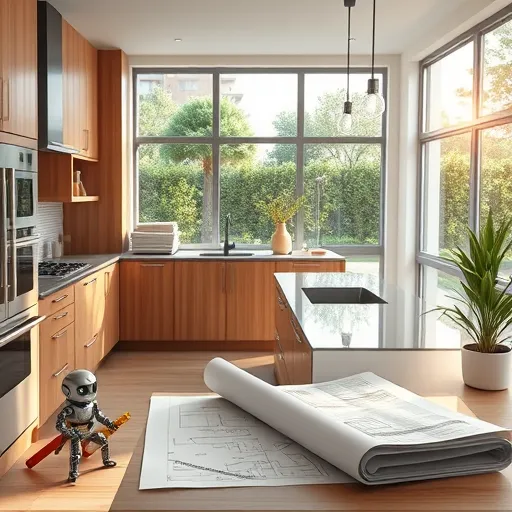A highly detailed, photorealistic image of a modern upscale kitchen under construction, featuring high-end cabinetry with intricate designs, sleek marble countertops, and state-of-the-art stainless steel appliances emitting soft reflections under natural, diffuse lighting. The partially finished space displays construction tools and materials, including a precision level resting on a rolled-out blueprint, stacked cabinet components, and a worktable. A playful robot assistant, holding a tape measure and inspecting cabinet corners, adds a whimsical touch. The bright and airy environment is illuminated by large windows revealing a lush garden outside, with a stylish neighborhood or cityscape visible in the background. Warm wood tones, brushed steel finishes, and soft white surfaces dominate the scene, accented by vibrant colors from a potted plant and tool handles, highlighting quality and craftsmanship. The composition underscores the careful planning, detailed work, and investment involved in professional kitchen remodeling, showcasing realistic textures, reflective surfaces, and nuanced lighting to evoke a luxurious, trustworthy atmosphere suitable for a blog on kitchen renovation costs and value.