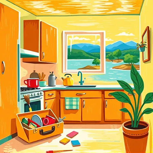 A vibrant, expressive landscape painting depicting a cozy, inviting kitchen scene in Lake San Marcos, California. The scene features bold, swirling brushstrokes highlighting sunlit wooden cabinets with playful exaggerated proportions, a colorful countertop with mismatched cookware and vintage accents, and a small window overlooking stylized waves, lush greenery, and a lakeside view. Warm yellows, soft oranges, and lively teal accents create a welcoming atmosphere, emphasizing affordability and charm. In the foreground, a quirky illustration of a toolkit, paintbrushes, and tiles sprawled on the floor suggest DIY renovation, while abstract potted plants add lively green contrast. The background showcases a sunny lakeside landscape with stylized trees and shimmering water, all rendered in energetic, emotional strokes characteristic of expressionism, conveying creativity, resourcefulness, and the charm of affordable home upgrades.
