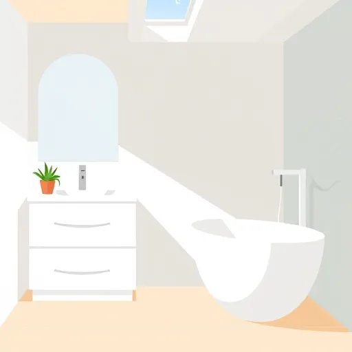 A sleek, minimalist illustration of a modern bathroom interior representing local bathroom renovation packages in Carlsbad, California. The scene features a streamlined vanity with a subtle wave pattern inspired by ocean waves, a minimalistic bathtub with gentle curves, and an elegant, geometric faucet. Large windows or skylights reveal a serene coastal view, reflecting Carlsbad’s seaside charm. Decorative details include a small potted succulent on the vanity and an abstract wave tile pattern on the wall. The color palette consists of soft pastel blues, warm sandy beiges, and crisp whites, accented by hints of coral and seafoam green. The overall design emphasizes simplicity, sophistication, and coastal personality with flat shapes, negative space, and a calm, inviting mood, perfect for illustrating contemporary bathroom renovation services in a coastal California setting.