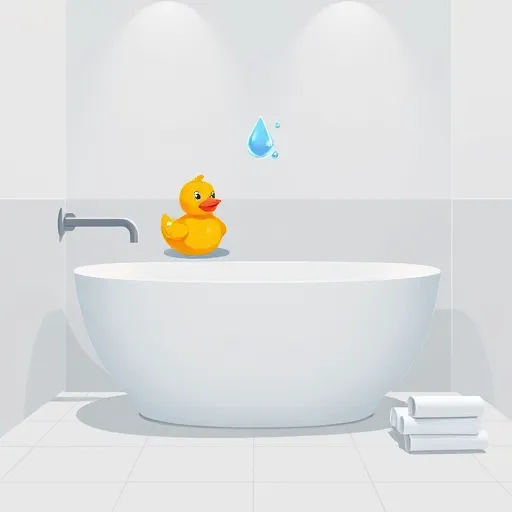 A sleek, minimalist illustration of a modern bathroom scene highlighting waterproofing techniques. The image features a stylized, smooth-lined bathtub topped with a cheerful rubber duck wearing a tiny raincoat, emphasizing waterproof features. Surrounding the tub are water-resistant tiles with geometric patterns and sealed edges, illustrating effective waterproofing measures. A transparent, gently glowing water droplet bounces off the walls, symbolizing water resistance. The background showcases a streamlined bathroom wall with waterproof paint or sealant in a matte finish, reflected subtly in soft lighting. Nearby, a neatly arranged pile of waterproofing materials, such as sealant tubes and membrane rolls, adds visual interest. The pastel color palette of soft blues, grays, and warm beige creates a calm, professional atmosphere, with diffuse lighting and soft shadows conveying cleanliness and trustworthiness. Overall, the composition focuses on clarity and purpose, demonstrating bathroom waterproofing solutions with a playful yet refined minimalist design.