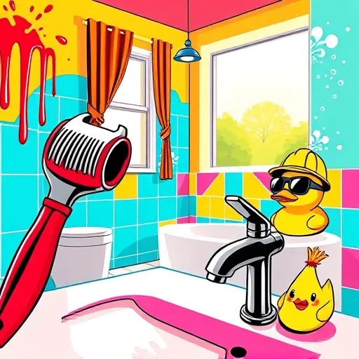 A vibrant PopArt-style illustration of the best bathroom remodeling company in Bonsall, CA, featuring an imaginative, playful bathroom scene. In the foreground, exaggerated tools like a dripping paintbrush, a quirky googly-eyed wrench, and a sleek retro faucet highlight renovation craftsmanship. The background showcases an ultra-colorful bathroom with large geometric tiles in bright turquoise, sunny yellow, and bubblegum pink arranged in a lively mosaic pattern. Comic-style splashes and bubbles swirl around, adding dynamic energy. Whimsical details include a smiling soap bar with sunglasses, a rubber duck wearing a hard hat, and cheerful tile patterns, conveying creativity and freshness. An open window framed by bold curtains lets in natural light, illuminating the cheerful scene. The overall tone is upbeat, confident, and fun, capturing the essence of a top-tier bathroom remodeling service with a lively, quirky personality, enhanced by bright reds, electric blues, and sunny yellows typical of PopArt.