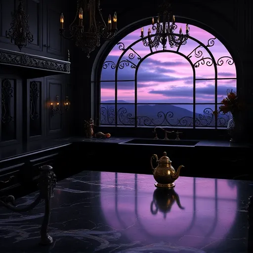A luxurious kitchen styled in ornate Baroque fashion featuring matte black finishes. The scene highlights an elaborate swirling marble countertop with dark gold veins, paired with richly detailed matte black cabinetry adorned with carved scrolling motifs and gilded-looking ornate handles. Elegant, curved chandeliers emit a warm, diffuse glow, casting dramatic shadows and emphasizing textured surfaces. In the background, a grand arched window with intricate wrought iron details frames a stormy, twilight sky with streaks of purple and deep blue, adding a moody atmosphere. Whimsical touches include antique brass utensils with leaf-carved handles, a vintage teapot with a curl-shaped spout, and a miniature sculpture of mythical creatures on a side shelf. The color palette consists of dark metallics, deep blacks, faint gold accents, and hints of purple, blending Baroque grandeur with contemporary matte textures. The scene exudes regal elegance infused with playful, eclectic details, capturing a high-style, artistic kitchen full of personality and refined craftsmanship.