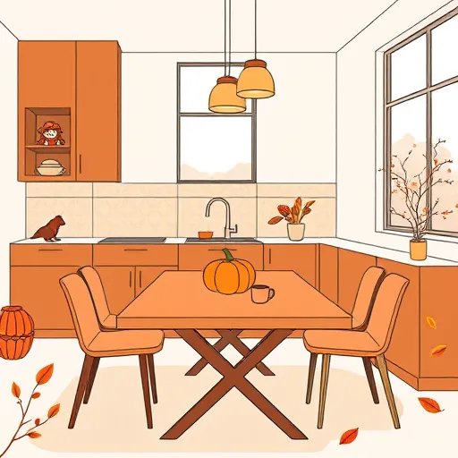 A stylized, modern kitchen interior illustrating fall renovation trends, featuring minimalistic line art and subtle color accents. The scene includes a contemporary wooden dining table with a matte finish, decorated with a small pumpkin bowl and steaming cups, evoking warmth. Flat-front cabinets in muted terracotta and deep rust hues blend seamlessly into the space, highlighting seasonal color palettes. Warm amber, burnt orange, and olive green stylized leaves drift across the background, symbolizing autumn’s transition. An abstract geometric backsplash suggests textured tile patterns, complemented by minimal pendant lights casting a soft amber glow. Quirky details add character, such as a tiny squirrel peeking from a corner shelf and a miniature scarecrow perched atop a cabinet. The airy space is illuminated by large, simplified windows, revealing a rustic outdoor scene with faint fall foliage. The overall mood is calm and inviting, capturing the cozy sophistication of fall kitchen upgrades, with clean lines, flat shapes, and a harmonious palette of warm earth tones including burnt orange, soft beige, muted greens, and gentle browns, perfect for seasonal home update visuals.