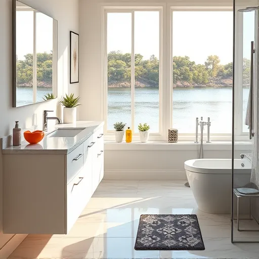 Photorealistic image of a stylish, budget-friendly bathroom renovation in Lake San Marcos, CA, featuring a modern design with minimalist fixtures. The room includes a sleek white vanity with a subtle marble countertop and brushed nickel fixtures. Large, sunny windows offer a view of tranquil lake waters and lush greenery outside, enhancing the natural ambiance. Decorated with charming touches like a brightly-colored lily pad-shaped soap dispenser and small potted succulents on the windowsill, adding personality. Warm, natural sunlight streams through the windows, casting soft reflections on shiny surfaces. The floor displays durable, high-quality tiles with subtle natural stone patterns, combining style with affordability. An energy-efficient LED mirror with integrated lighting adds a modern, eco-friendly upgrade. Small details such as a vintage-inspired towel rack, cheerful patterned shower curtain, and playful bathmat create a welcoming, peaceful atmosphere. The color palette of soothing blues, crisp whites, and warm earthy tones emphasizes relaxation, practicality, and natural beauty, making this an ideal depiction of a cost-effective yet elegant Lake San Marcos bathroom renovation.
