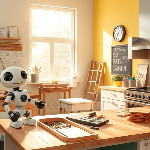 A vibrant, hyperrealistic scene of a kitchen renovation in progress, showcasing a modern, well-lit interior with natural sunlight streaming through large windows. In the foreground, a sleek workbench displays detailed craftsmanship tools—including wood chisels, paintbrushes, a cordless drill, and sample color swatches—highlighting professional remodeling. A partially demolished cabinet reveals intricate hardware and layered wood grains, illustrating ongoing renovation work. To the left, a cheerful cartoon-style robot holding a tape measure introduces a playful, innovative element symbolizing modern home upgrade technology. The kitchen features polymer countertops, freshly painted walls in soft teal and warm beige, and shiny stainless steel appliances, all illuminated vividly. In the background, a busy workshop area includes hanging blueprints, paint cans, a chalkboard with design sketches, and creative clutter, emphasizing dedication and creativity in kitchen remodeling. Small details like a tiny succulent plant on the countertop and a vintage wall clock add personality and warmth to the scene. The overall atmosphere combines professionalism with approachability, blending warm earth tones, cheerful yellows, calming blues, and metallic accents to create an inspiring depiction of local kitchen renovation expertise.