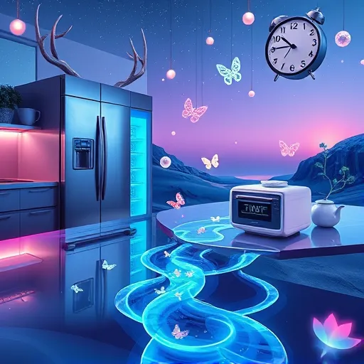 A vibrant surrealist scene depicting the futuristic evolution of smart kitchen technology, featuring whimsical, animated appliances intertwined with organic forms. A sleek, mirror-like refrigerator with antler-shaped handles opens to reveal floating, glowing recipe holograms swirling like delicate petals. The countertop seamlessly transforms into a flowing river of iridescent liquid metal, with playful, abstract utensil figures with googly eyes and mischievous grins dancing on the surface. A translucent levitating oven emits soft, pulsating light, surrounded by pixelated, glitching circuit-patterned butterflies fluttering nearby. The background showcases a dreamlike landscape with gravity-defying, geometric cabinets reflecting twilight purples, blues, luminous teals, and soft lavenders. Floating orbs of gentle light cast a calming glow over the scene, which includes quirky details such as a melting-number clock, a grinning teapot, and leaves sprouting from charging cords, symbolizing harmony between technology and nature. The entire surreal composition exudes playful innovation, blending whimsical art style with a harmonious palette of deep blues, shimmering silvers, glowing teals, and warm amber accents, illustrating a wonderous, inventive future of kitchen technology.