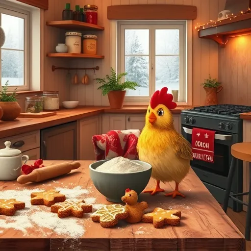 A cozy, inviting kitchen depicted in the social realism art style, featuring warm earth tones accented with soft reds and greens. The rustic wooden table is cluttered with baking ingredients, including flour, a rolling pin, colorful cookie cutters shaped like stars and snowflakes, and a steaming plate of decorated gingerbread cookies. Vintage-style shelves in the background hold labeled jars such as “Spice Mix,” “Cocoa,” and “Holiday Tea,” alongside whimsical details like a ceramic reindeer and a holiday-themed tea towel draped over a chair. A cheerful, animated chicken wearing a chef’s hat pecks at a bowl of dough, adding playful personality to the scene. The warm, lived-in environment includes a softly glowing oven emitting amber light and fairy lights hanging along the windowsill, casting gentle illumination. Outside the window, a snowy landscape with drifting snowflakes suggests winter festivities. The scene exudes holiday cheer, homely comfort, and quirky charm, making it ideal for holiday-inspired kitchen decor or blog content on seasonal kitchen transformations.