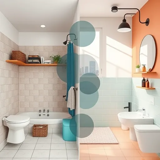 A visually striking blog cover image illustrating the transformation of a small bathroom remodel in a seamless side-by-side composition. The left side depicts an outdated, cluttered bathroom with dusty pink and soft gray ceramic tiles, disorganized open shelves, and a worn bathtub, all rendered in geometric Bauhaus style with bold lines and muted colors. The right side showcases a modern, minimalist bathroom featuring sleek fixtures, streamlined storage, and a vibrant color palette of teal, white, and terracotta, all in clean, geometric Bauhaus design. Connecting the two scenes is an abstract transition comprising overlapping circles and rectangles, symbolizing renovation and transformation. Quirky details include geometric patterned tiles, stylized soap dispensers, floating shelves with playful geometric plants or ornaments, and stylized reflections of a cityscape or mirror, emphasizing the contrast from cluttered to contemporary. The overall mood is fresh, inspiring, and optimistic, combining vibrant colors with minimalist form, highlighting renewal and elegant design.