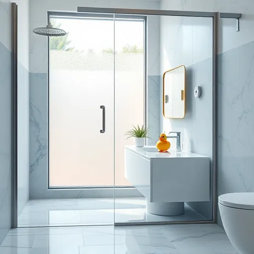 A hyperrealistic, high-detail image of a modern bathroom featuring a glass shower enclosure. The transparent glass panels showcase subtle reflections, water droplets, and curved beveled edges, emphasizing clarity and fragility. The shower frame is made of brushed stainless steel with a soft gleam under warm ambient lighting, creating a calm, inviting atmosphere. In the background, polished marble tiles with intricate blue and gray veining evoke elegance, complemented by a minimalistic vanity holding a small potted succulent, a vintage soap dispenser, and a playful rubber duck adding whimsical charm. A large frosted window reveals lush greenery outside, bringing natural light and emphasizing the harmony between nature and contemporary design. The scene highlights textures, transparency, and cleanliness within a serene, professional setting, rendered in an ultra-clean hyperrealist style with a balanced palette of blues, silvers, and soft whites, capturing both technical precision and inviting warmth.