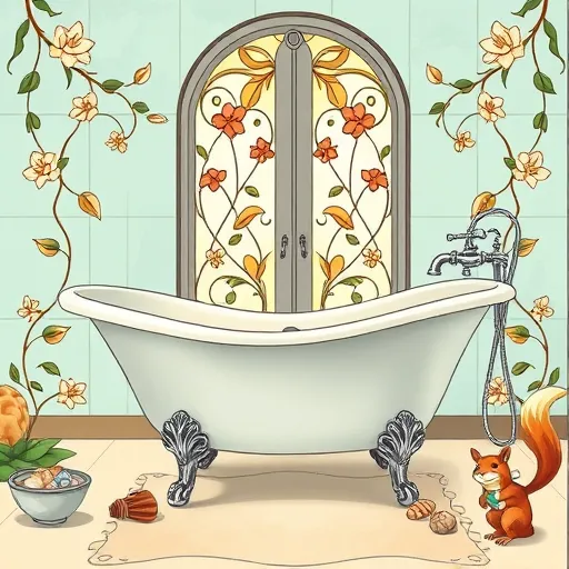 An Art Nouveau-inspired blog cover image depicting the transformative journey of budget bathroom renovations. The scene features an ornate, vintage bathtub with flowing, curvilinear designs and floral motifs in chrome fixtures, symbolizing affordable luxury. Surrounding the tub are stylized vines and blossoms with elongated, sinuous shapes interwoven with aquatic elements like smooth pebbles, seashells, and gentle waves, evoking serenity and renewal. In the background, delicate stained glass panels with botanical patterns cast warm, diffused light, creating a cozy yet elegant atmosphere. playful, whimsical details include tiny creatures such as a cheerful frog with a tool belt and a squirrel with a miniature paintbrush, adding charm and personality without human figures. The color palette consists of muted, vintage-inspired tones—soft aquas, warm terracotta, jade greens, and antique gold accents—enhancing the inviting, harmonious scene. The flowing organic lines and intricate detailing embody the creative renewal and stylish transformation achievable on a modest budget, inspiring viewers to envision their own affordable bathroom upgrades.