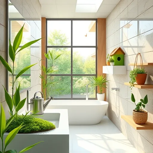 A vibrant digital illustration of a modern, eco-friendly bathroom featuring lush green plants, bamboo accents, and natural stone textures that highlight sustainability and freshness. The minimalist fixtures are complemented by energy-efficient LED lighting casting a warm glow, while transparent glass elements reflect sunlight from a skylight. Bright green shades dominate the scene, accented with earthy browns and soothing neutrals to evoke calmness and eco-consciousness. Quirky details include a smiling watering can on the sleek countertop, moss growing along minimalist tiles, and a cheerful birdhouse integrated into a bathroom shelf, adding personality and whimsy. Large windows overlook a serene garden vista with butterflies fluttering nearby, blurring indoor comfort with outdoor nature. The clean, crisp digital art style uses a harmonious palette of vibrant greens, soft browns, and gentle neutrals to create a lively, calming atmosphere ideal for emphasizing green certification and eco-conscious renovation practices.