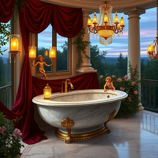 A highly detailed Renaissance-style painting of a luxurious, contemporary bathroom blending classical architecture with fantastical elements. The scene features a grand marble basin with elegant curves, decorated with intricate gold filigree and surrounded by lush velvet drapery in deep burgundy and jewel tones. Ornate bronze cherub sconces holding glowing lanterns cast warm, flickering light, highlighting rich textures. Elegant vintage chandeliers with crystal prisms refract light into rainbow hues, creating enchanting shadows on polished marble floors and pastel-patterned tiles. Corinthian columns draped with ivy and flowering vines frame the space, merging nature with grandeur. Playful, whimsical touches include tiny stylized fauns and fairies peeking from behind fixtures or perched on ledges, adding charm and personality. Through arched windows, a soft twilight sky bathes the scene in gentle glow, with warm golds, soft pinks, and muted greens dominating the palette. The artwork embodies the meticulous detail of Renaissance masters, combining realistic craftsmanship with fantastical elements to evoke elegance, tranquility, and playful fantasy—perfect for a blog cover on modern lighting ideas reimagined through classical beauty.