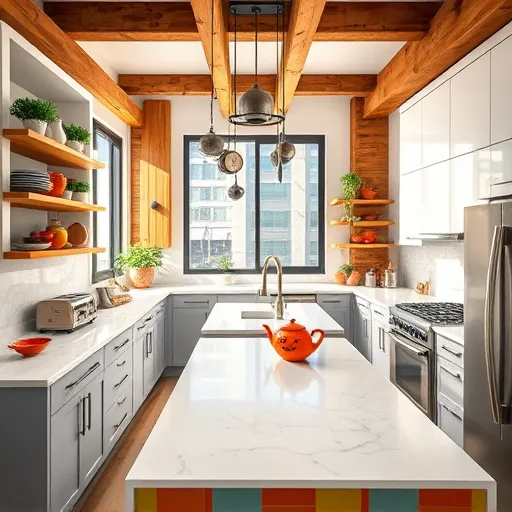 A high-realism image of a modern, stylish kitchen featuring sleek, minimalist cabinetry combined with rustic touches such as exposed wooden beams and open shelving displaying colorful dishware. The polished marble countertops with subtle veining are decorated with a vintage toaster, potted herbs, and a quirky smiling face-shaped teapot. A central island with a playful geometric pattern in warm tones serves as the focal point. Bright natural light floods the space through large windows, illuminating stainless steel appliances that have a fresh, polished appearance. The background reveals an urban cityscape view, adding a sense of energetic sophistication. Whimsical details include a hanging pot rack with animal and star-shaped utensils, contributing charm and personality. The overall atmosphere is cheerful and aspirational, combining cleanliness with playful accents in a lively, inviting kitchen designed for inspiring stylish home remodels. The color palette features warm earthy tones, crisp whites, and vibrant decor accents, creating a balanced, engaging visual perfect for a blog about kitchen transformations.