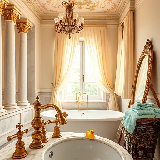 A luxurious Renaissance-inspired bathroom featuring an ornate marble bathtub with gold accents, surrounded by classical Corinthian columns and detailed mosaic tiles that evoke regal elegance without excess. The vaulted ceiling is decorated with frescoes of soft clouds and floral motifs, casting a serene atmosphere. Elegant wrought-iron chandeliers hang above, while vintage brass faucets glaze with a warm patina, connected to a refurbished porcelain sink with hand-painted patterns. In the background, a sunlit window with flowing pastel curtains filters gentle light into the space. Quirky touches include a rubber duck on the basin, a vintage gilded mirror leaning against the wall, and a basket overflowing with vibrant towels. The color palette of soft creams, muted golds, warm terracotta, and pastel blues enhances the timeless, affordable elegance of this bathroom remodel, blending grandeur with practical charm.