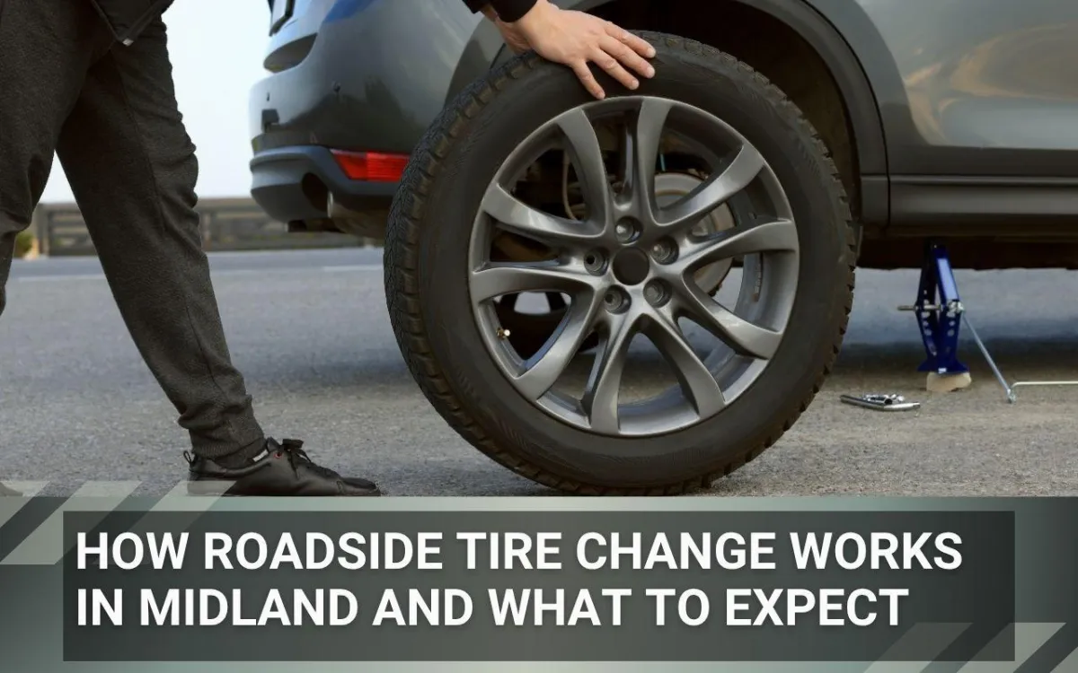 Technician changing a flat tire on the side of the road in Midland, TX