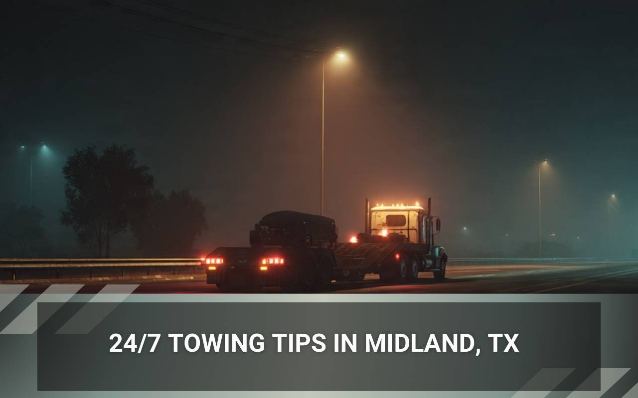 Driver using 24/7 Towing Tips in Midland, TX while safely waiting on the shoulder of I-20 at night.