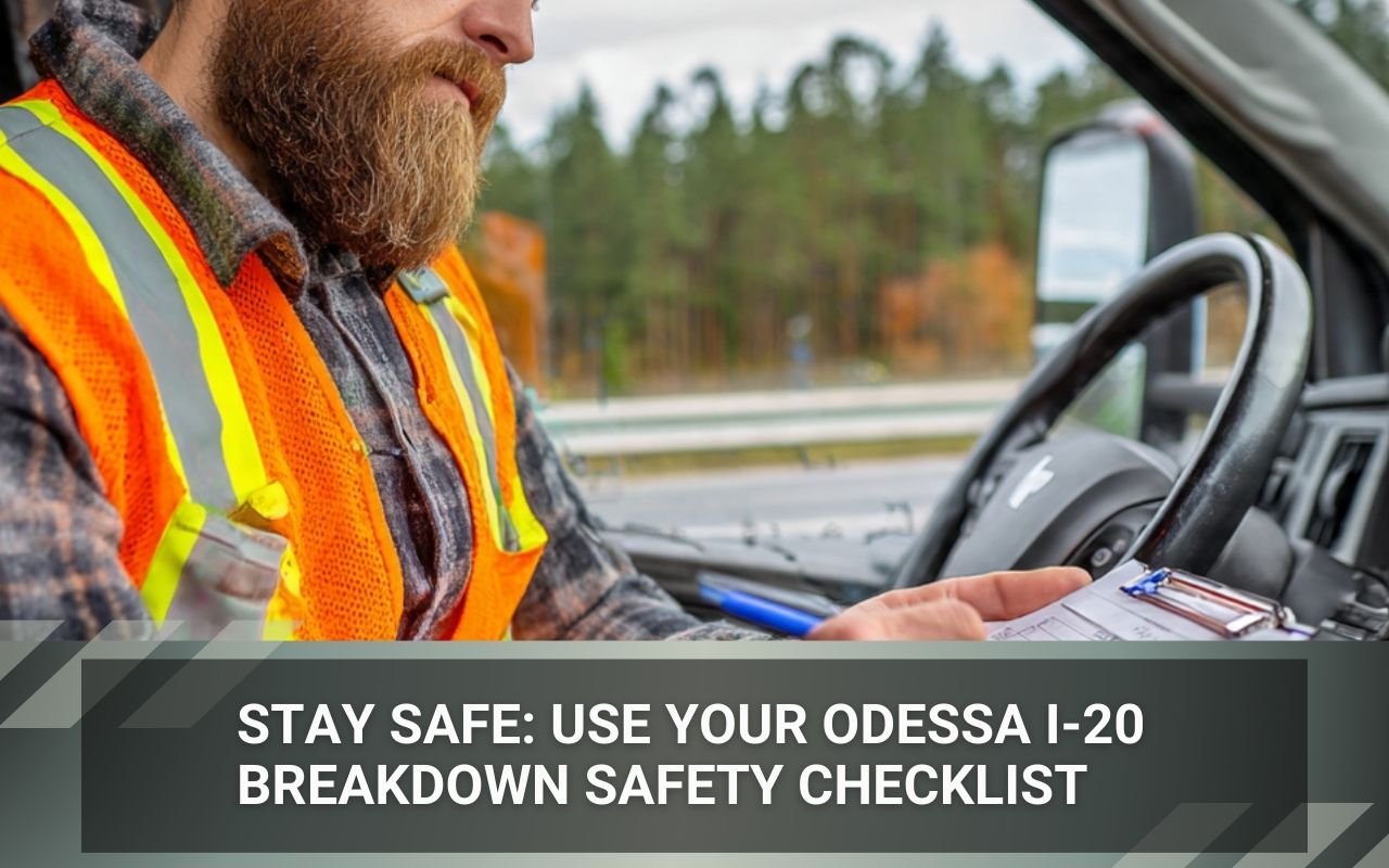 Driver using an Odessa I-20 Breakdown Safety Checklist after pulling onto the shoulder safely