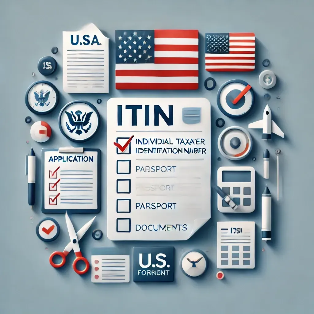 A professional illustration depicting the ITIN application process for non-U.S. residents, featuring an ITIN form, a checklist, and identification documents like a passport. The design is clean and modern, subtly using red, white, and blue hues, evoking themes of U.S. tax compliance and guidance for non-resident applicants.
