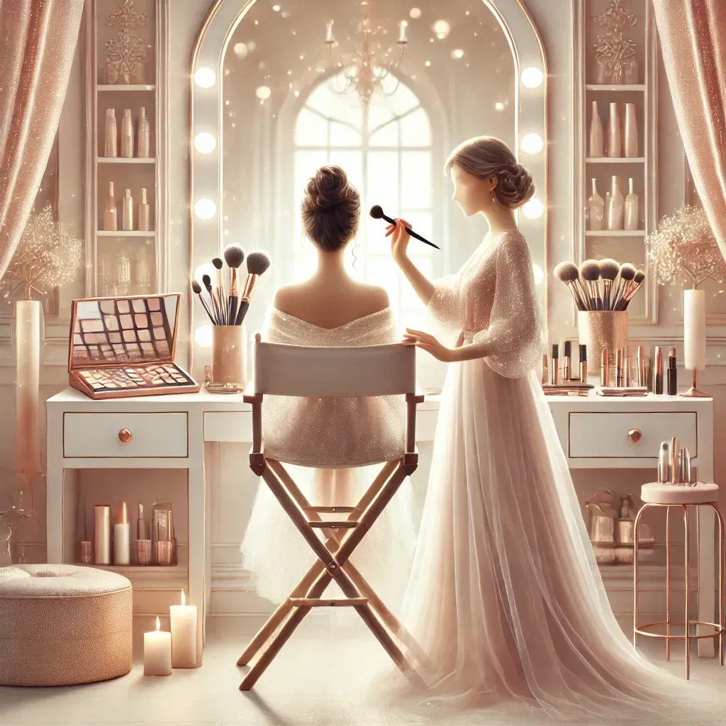 Professional makeup artist in a soft-lit studio applying makeup on a client, with luxury beauty tools and a glowing blush-toned background. Text overlay reads 'Top 5 Reasons to Book a Professional Makeup Artist in Fort Lauderdale