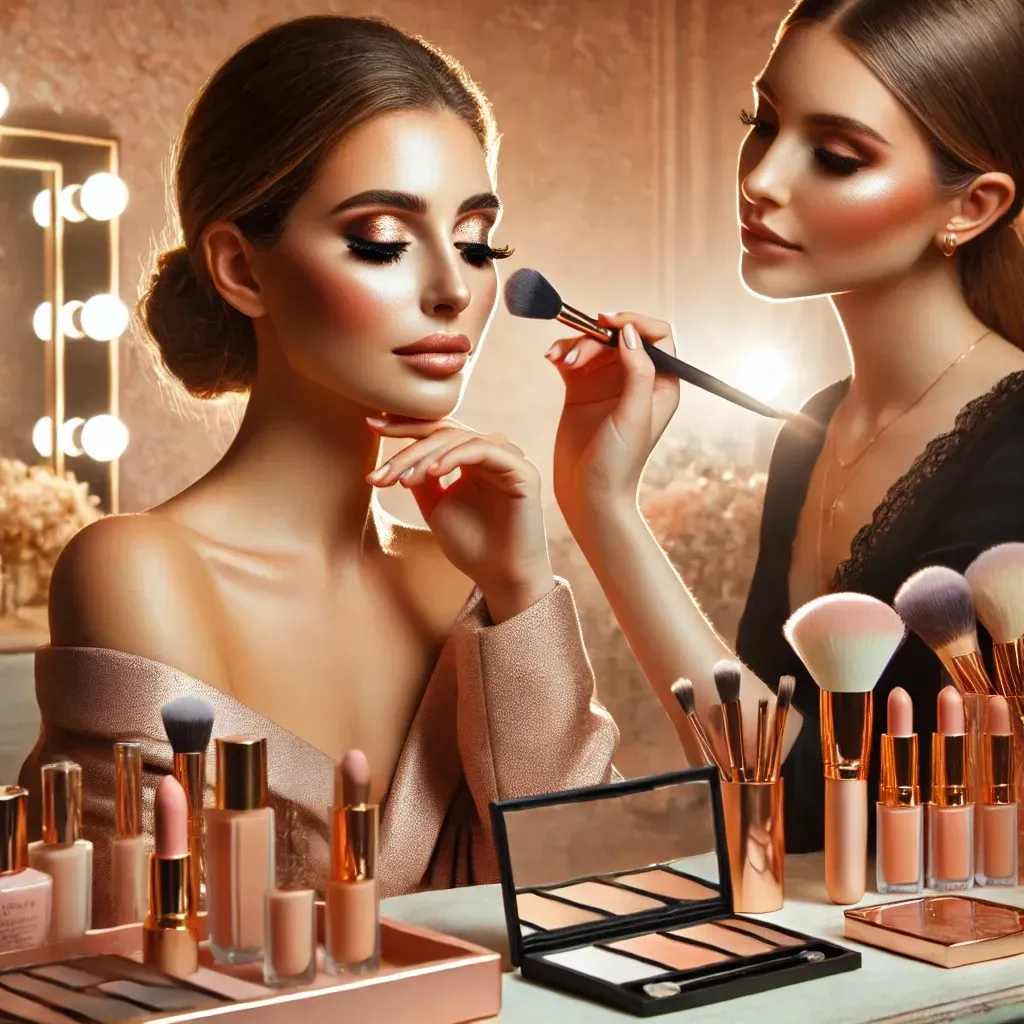 Maquilladora profesional aplicando maquillaje de lujo a una clienta en un estudio iluminado con luz suave, con herramientas de belleza premium como brochas, bases HD y paletas. Fondo con estética cálida en tonos blush. Texto sobre la imagen: 'Maquilladora Profesional Cerca de Mí – Glam de Lujo en Fort Lauderdale