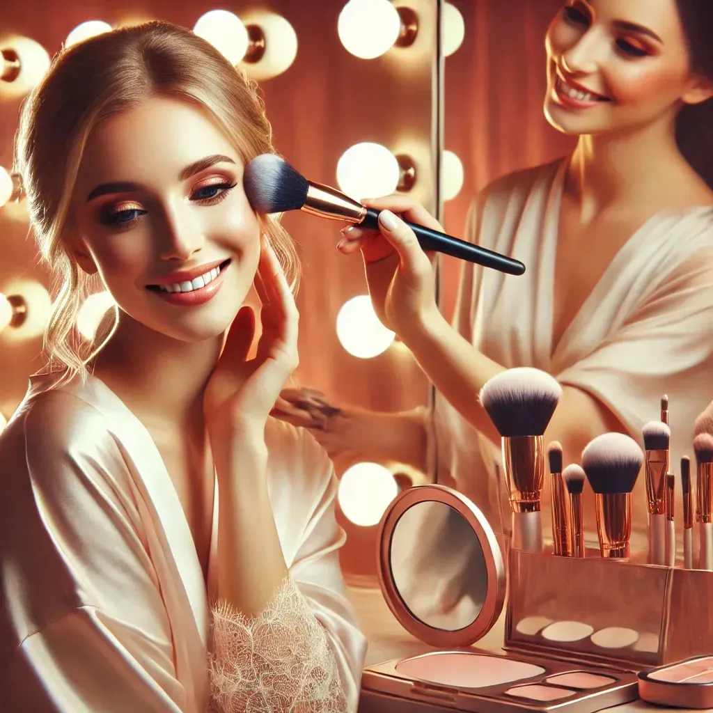 Professional bridal makeup artist in a soft-lit luxury studio applying makeup to a smiling bride wearing a silk robe, surrounded by high-end beauty tools and a blush-toned elegant background. Text overlay reads: 'Why Every Bride Deserves a Luxury Bridal Makeup Artist in Fort Lauderdale