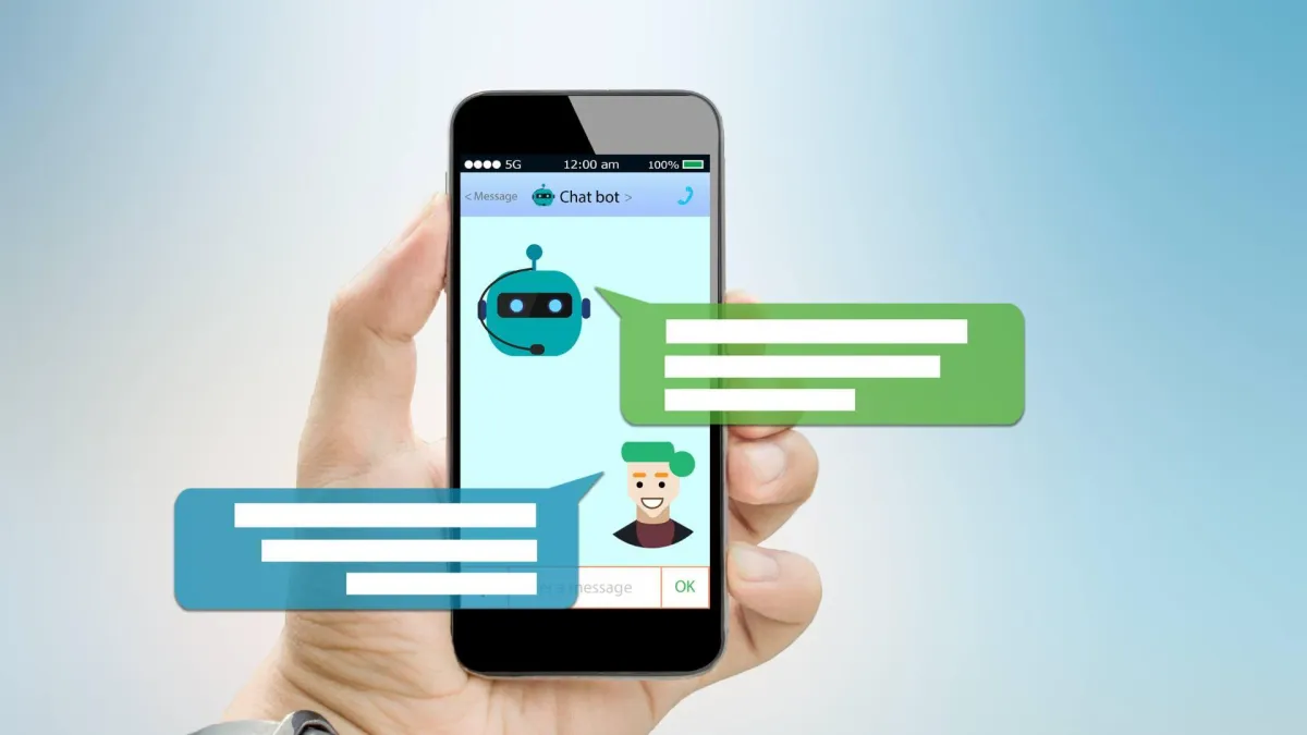 An AI chatbot is displayed on a phone screen, demonstrating the future of customer service auto-responses.