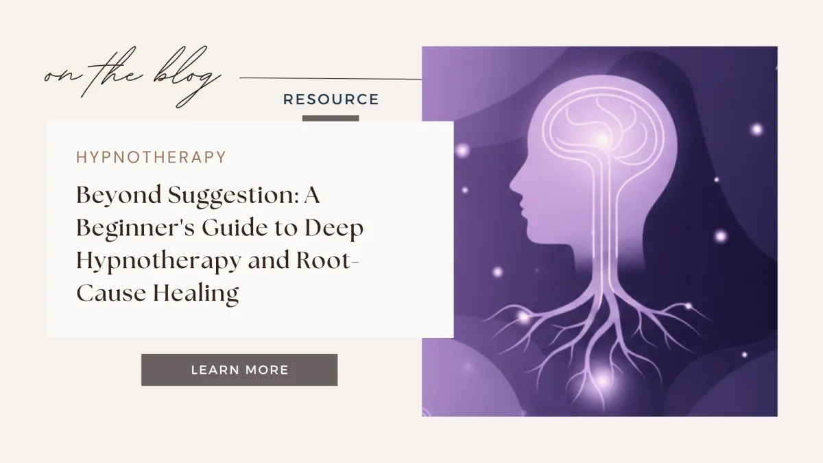 A visual metaphor for deep hypnotherapy and root-cause healing. It features a transparent human head revealing an illuminated brain where a golden key is embedded, symbolizing access to the subconscious. An open book at the base shows a tree growing from its pages, signifying growth and addressing underlying issues. The background includes subtle digital patterns suggesting mental processes and transformation.
