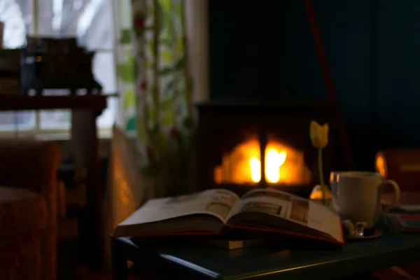 A cozy indoor scene with a warm fireplace, an open book, a steaming cup of tea, and a single yellow tulip, creating a sense of nourishment, relaxation, and deep replenishment—perfect for cultivating Ojas