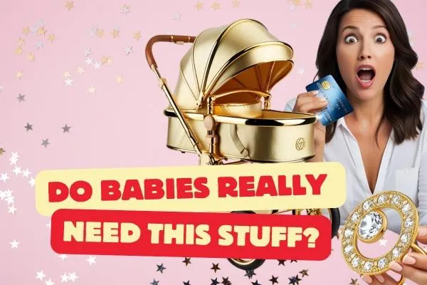 Designer baby products with high price tags and a shocked parent holding a credit card