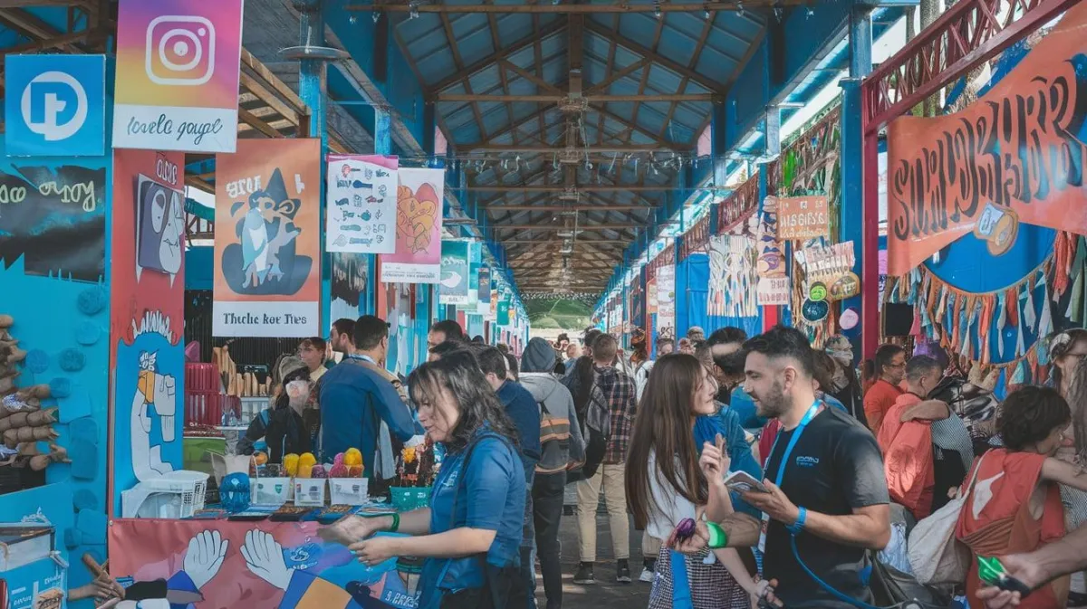 A lively marketplace depicting various marketing strategies with marketers engaging with customers in a colourful and vibrant setting