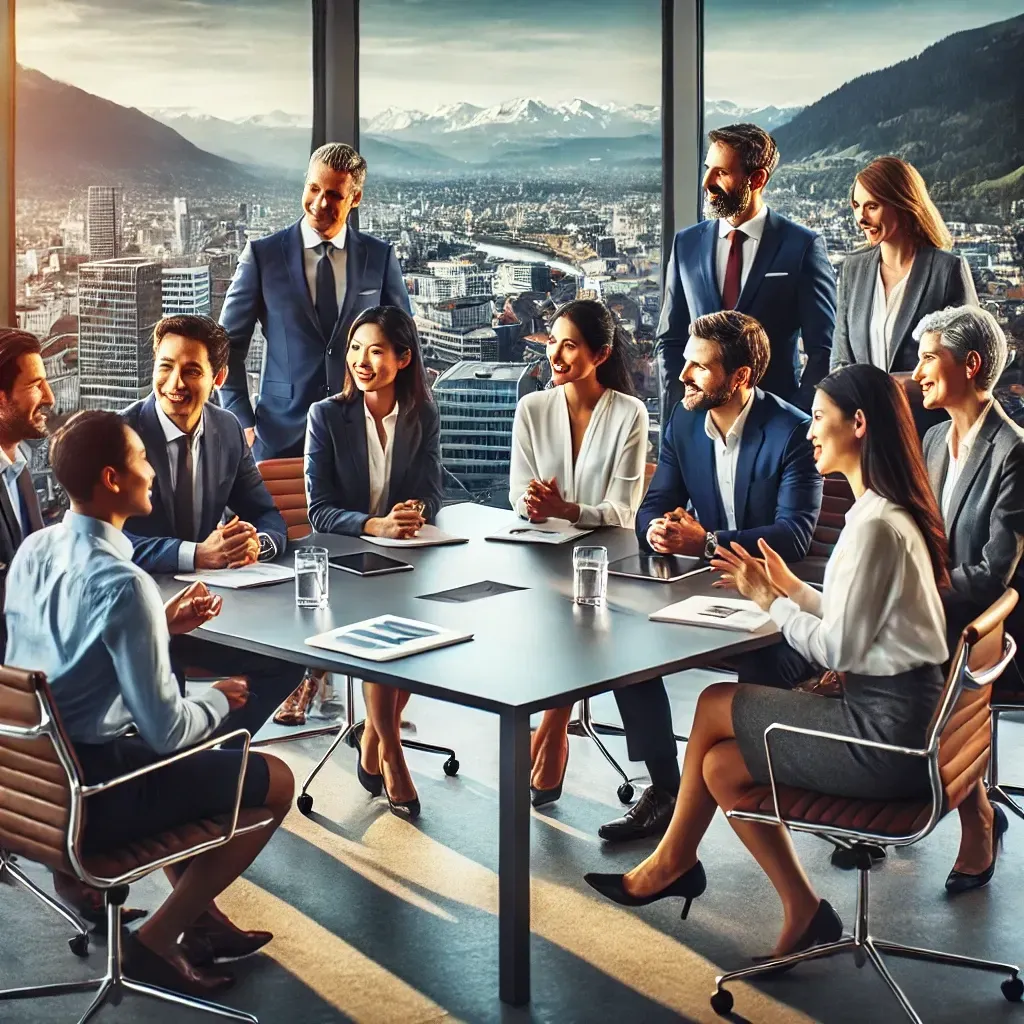 Group of diverse business professionals collaborating around a conference table in a modern office with a Swiss cityscape view, symbolizing teamwork and innovation in a professional setting.