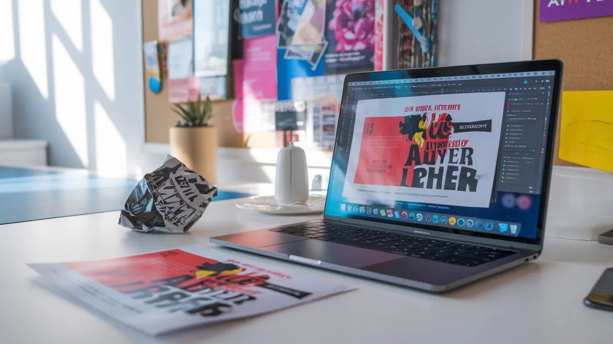 Flat lay of a clean, modern desk with vibrant marketing materials, colorful design tools, and a contrasting poorly designed flyer, showcasing the importance of effective visual marketing