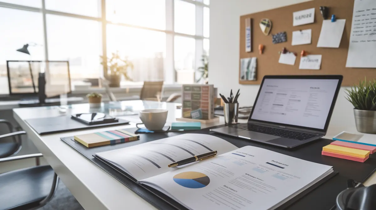 Professional desk setup with a polished business proposal, laptop, pen, and planning tools, showcasing the importance of quality and presentation in proposal creation