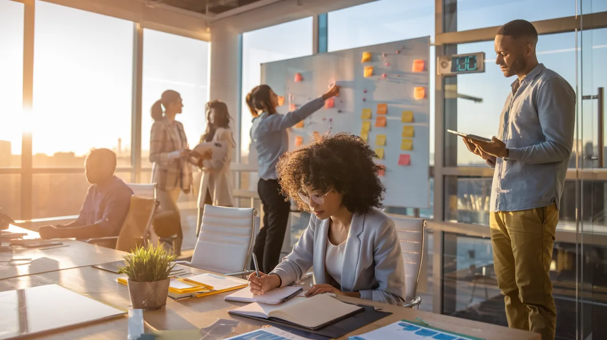 Sunlit modern office with professionals collaborating at a whiteboard, brainstorming at a desk, and reviewing schedules, representing focus, teamwork, and productivity in a dynamic workspace.