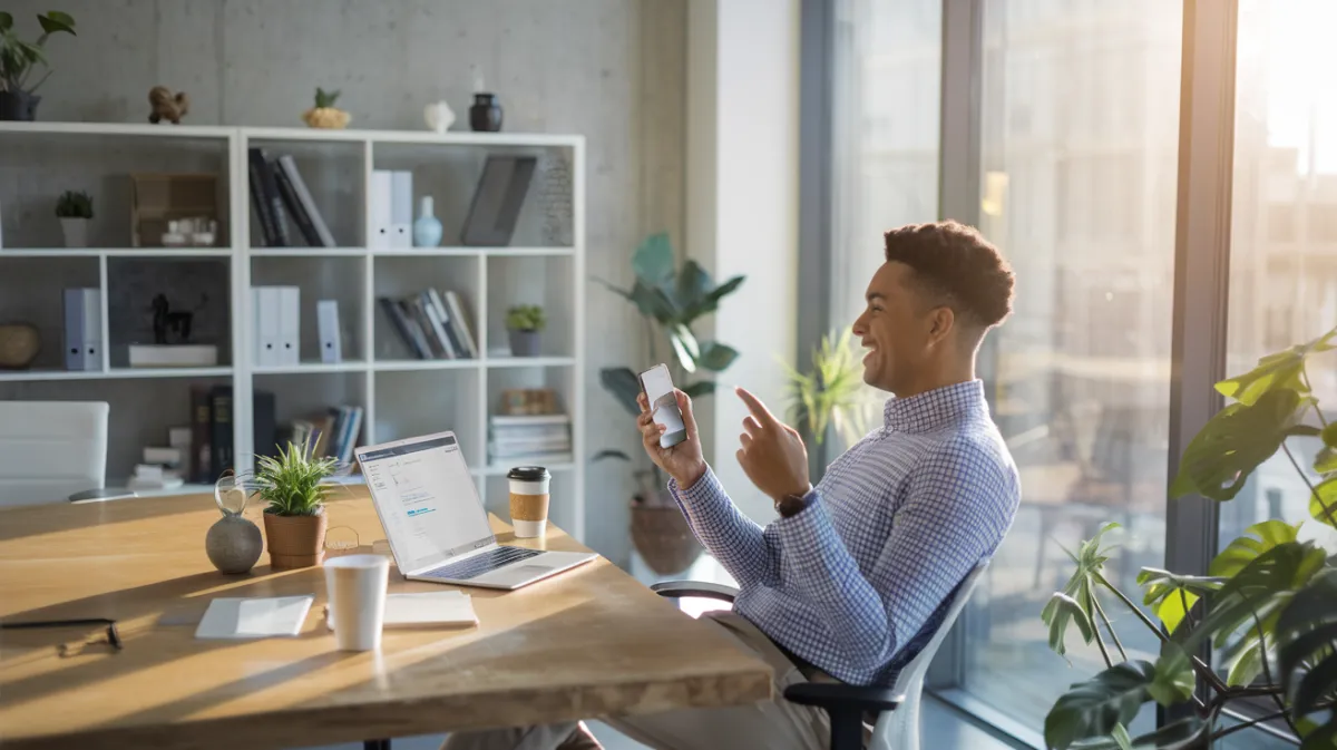 Person in a modern office speaking to a voice assistant while using a laptop, with AI-powered search results and multimedia content visible, symbolising the future of digital search technology.