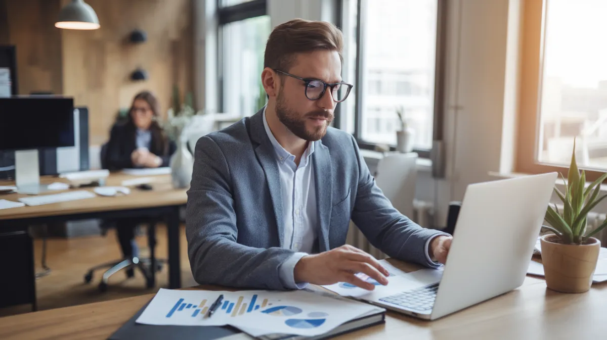Business professional analysing customer feedback on a laptop, with charts, notes, and sticky reminders on a desk, symbolising structured feedback integration and business improvement