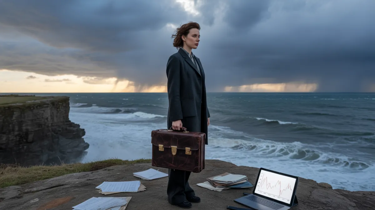 Overwhelmed business owner standing alone under stormy skies, symbolising the emotional weight, pressure, and isolation of running a business without support