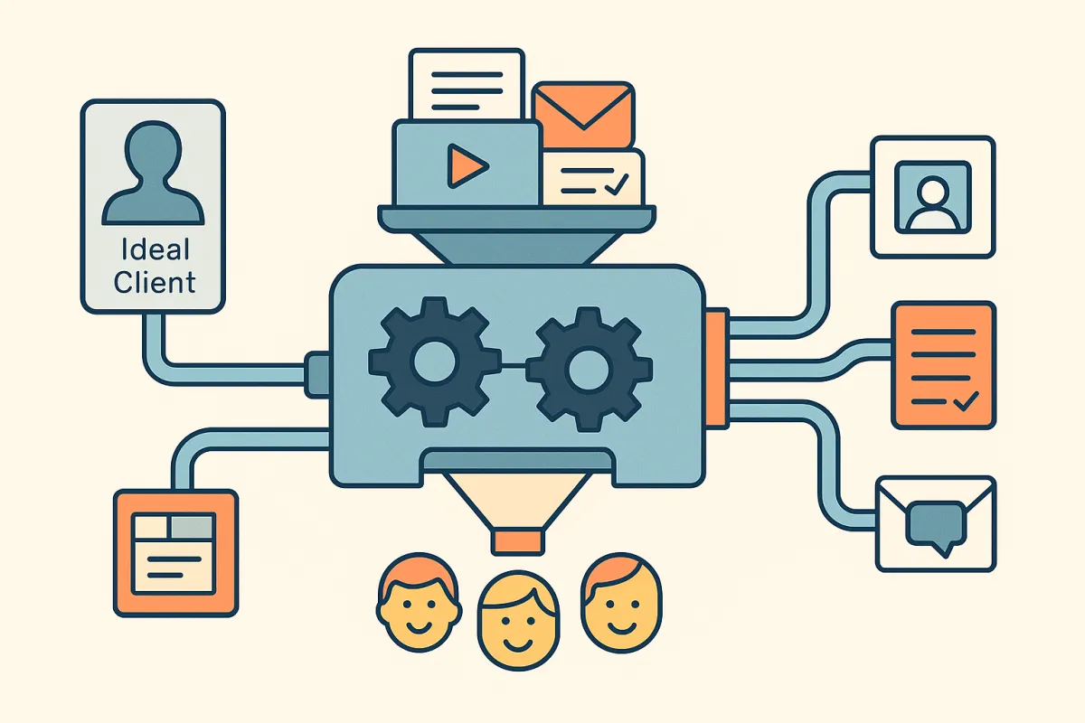 Illustration of a no-ad lead generation engine made of interconnected components, symbolising an organic system that attracts and converts leads without paid advertising.