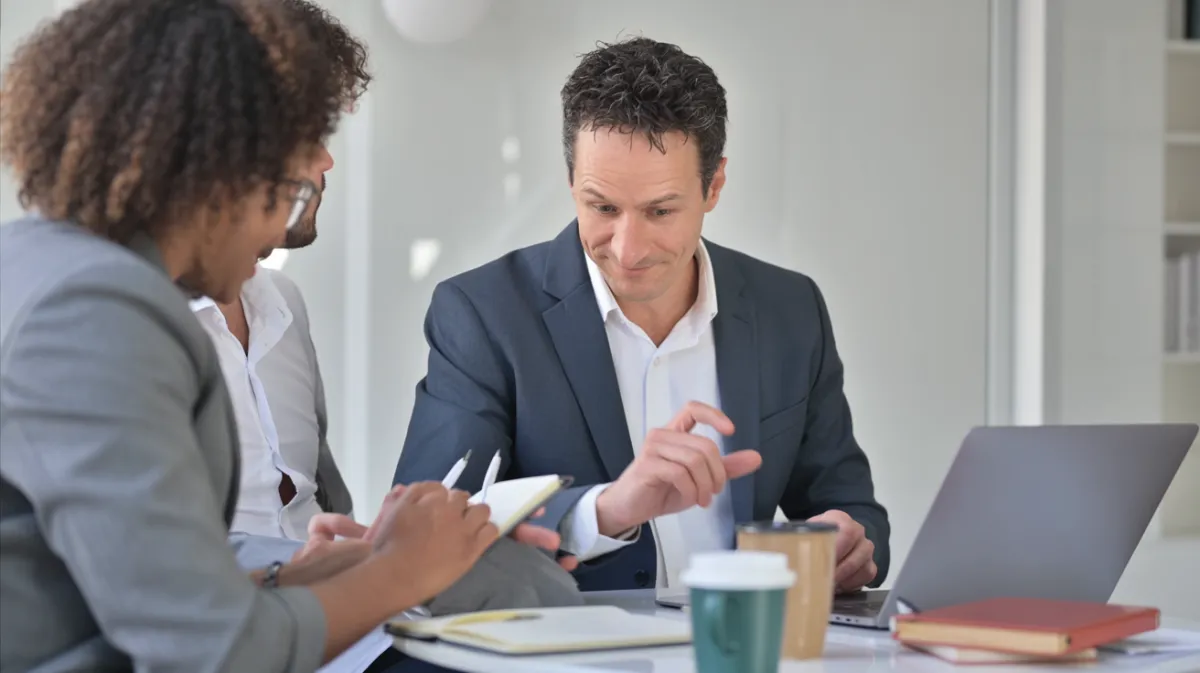 Business coach and small business owner having a focused discussion at a table in a modern office, laptops and coffee cups in front of them, showing a collaborative coaching session.
