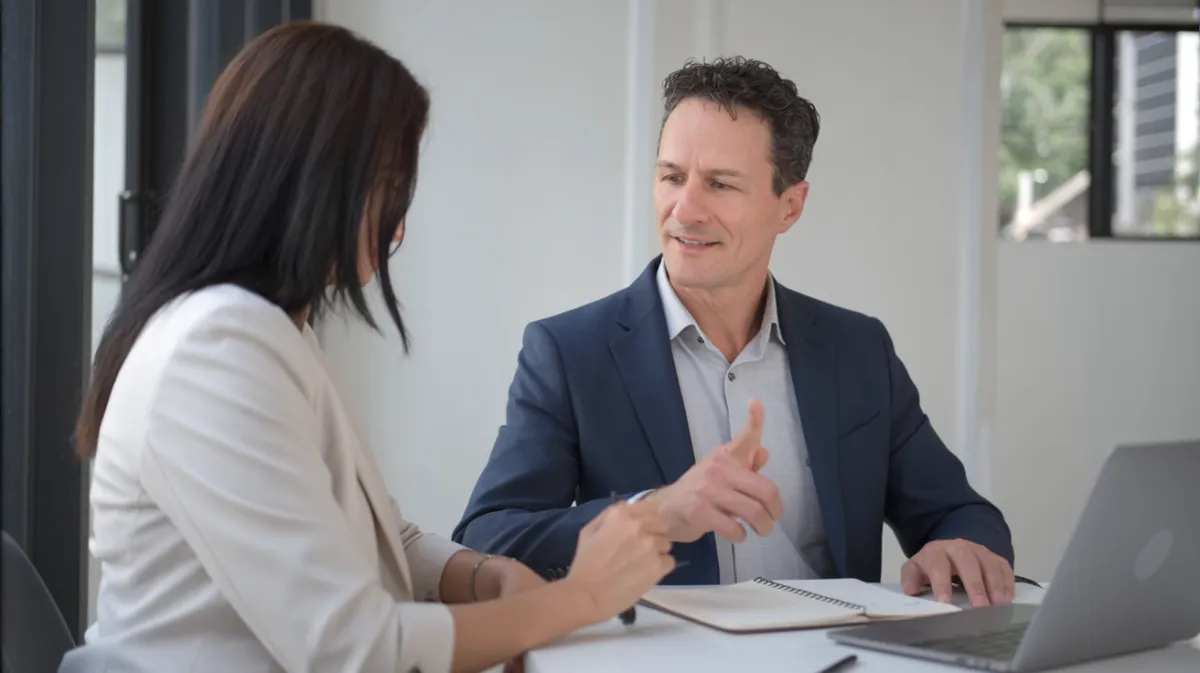 Business coach and small business owner having a focused discussion at a table in a modern office, laptops and coffee cups in front of them, showing a collaborative coaching session.