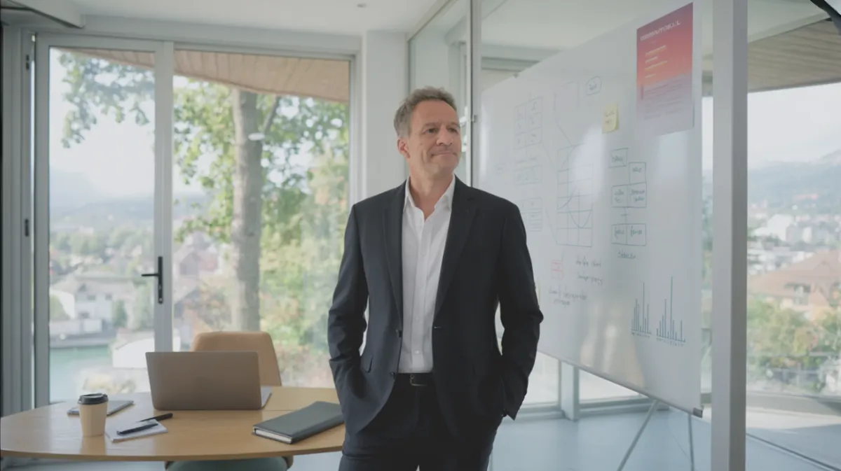 Business coach and small business owner having a focused discussion at a table in a modern office, laptops and coffee cups in front of them, showing a collaborative coaching session.